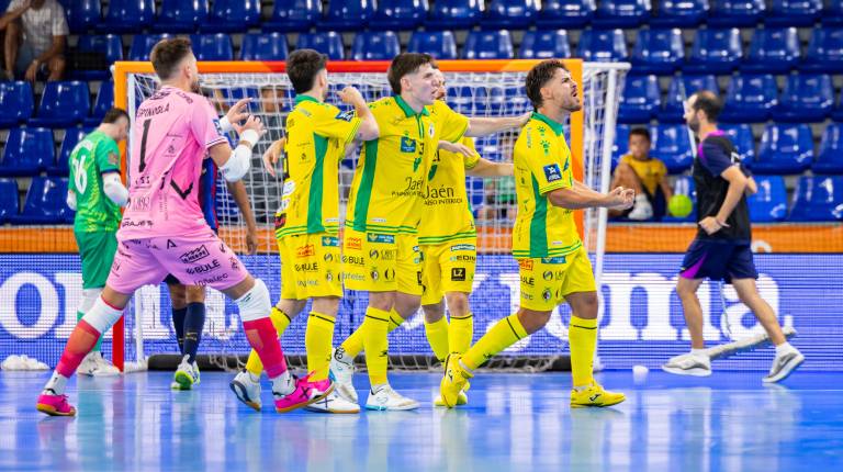 <i>Esteban celebra uno de los tres goles marcados con Espíndola, Zurdo, Power y Míchel. / Federación Española de Fúbtol Sala. </i>
