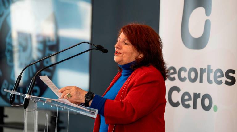 <i>La escritora Fanny Rubio interviene durante el acto de presentación de la candidatura de Recortes Cero a las elecciones europeas, en el Círculo de Bellas Artes. / Europa Press. </i>