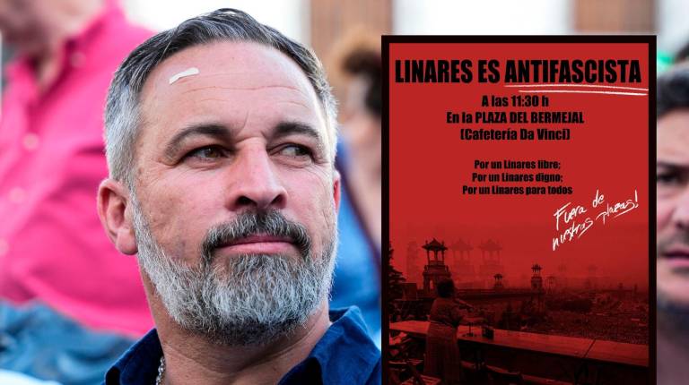 <i>Santiago Abascal y el cartel que anunciaba la manifestación.</i>