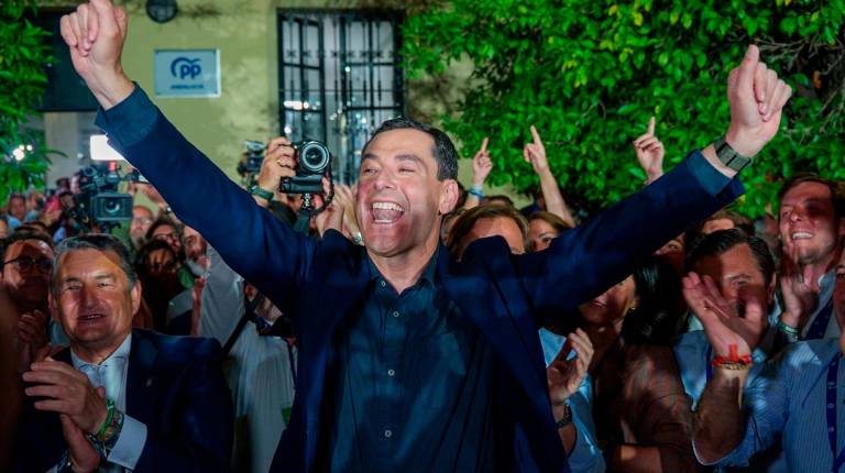<i>El candidato del PP-A a la reelección como presidente de la Junta, Juanma Moreno, ha celebrado la “importante victoria” obtenida por su partido en las elecciones andaluzas de este domingo. / Francisco J. Olmo / Europa Press.</i>