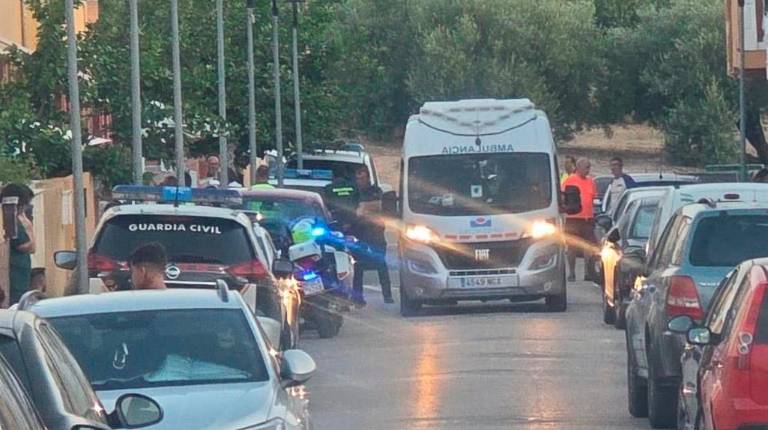 <i>Guardia Civil, Policía Local y profesionales sanitarios en la calle Cádiz en el momento de los hechos. </i>