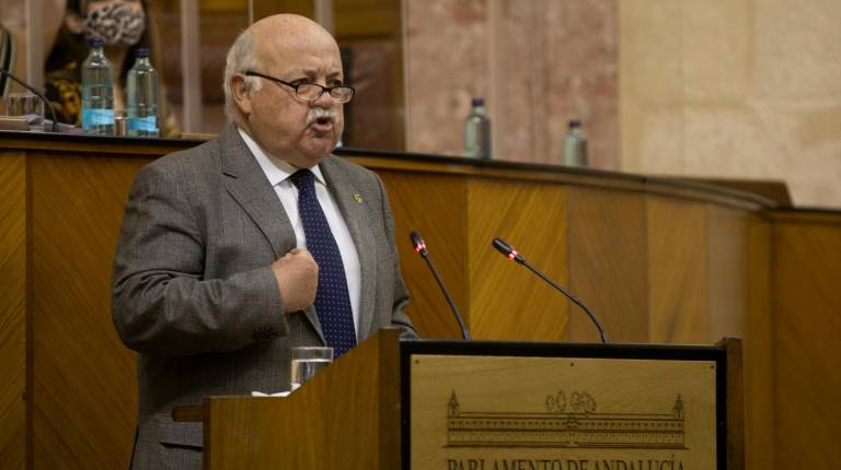 PARLAMENTO. <i> El consejero de Salud y Familias, Jesús Aguirre, durante el pleno extraordinario. </i>