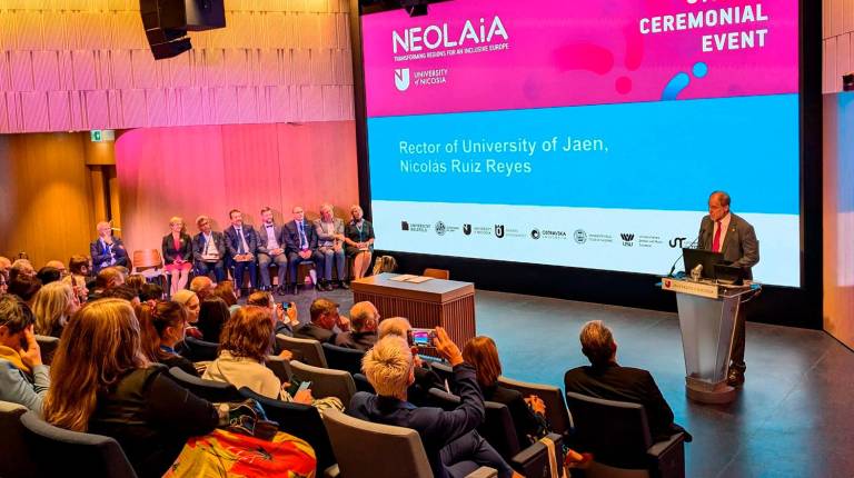 <i>El rector de la Universidad de Jaén, Nicolás Ruiz, durante la reunión sobre NeolaiA. / UJA.</i>