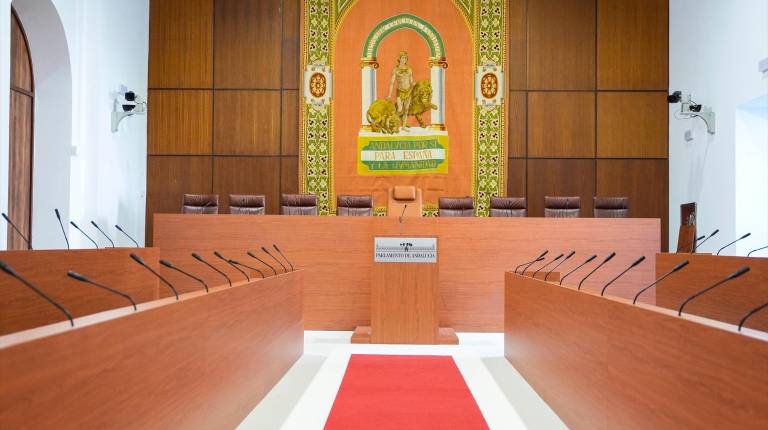 <i>Adapación de la Sala Alberto Jiménez-Becerril de la sede del Parlamento andaluz como salón de plenos provisional. / Joaquín Corchero / Parlamento de Andalucía. </i>