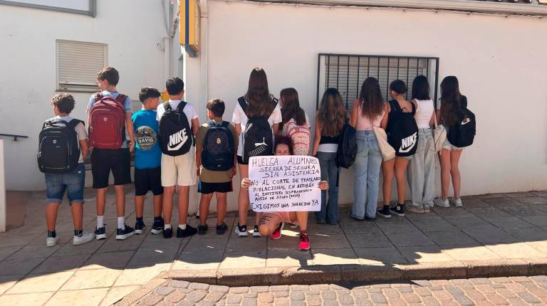 <i>Estudiantes en la manifestación por el transporte escolar en Navas de San Juan. </i>