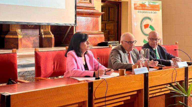 <i>La vicepresidenta segunda de la Diputación, Francisca Medina; el presidente del Consejo Económico y Social (CES) de la Provincia de Jaén, Manuel Parras y el presidente de la Comisión de Agricultura del CES y gerente de Asaja-Jaén, Jaén Luis Carlos Valero en la jornada. Archivo. / Europa Press.</i>