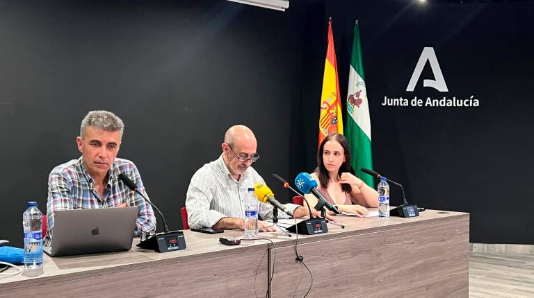 <i>Amador Cámara, Paco González y Sheila Bonoso durante la presentación del balance de la 39 edición de la Feria del Libro de Jaén. / Álvaro Guzguti / Diario JAÉN.</i>