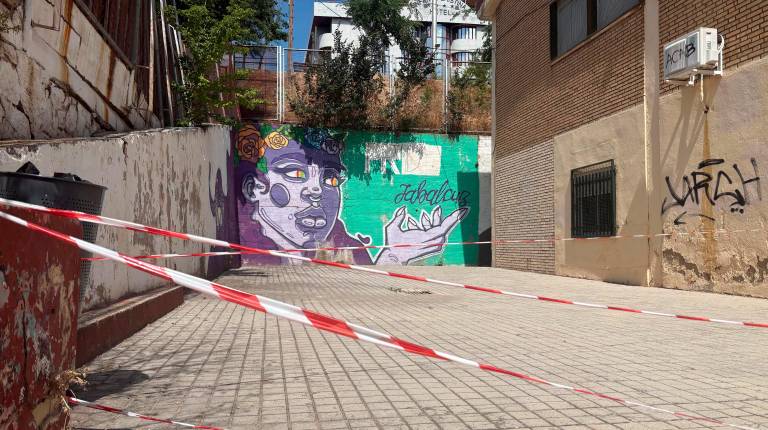 <i>Paso cortado por las grietas del muro de contención en el patio del colegio.</i>
