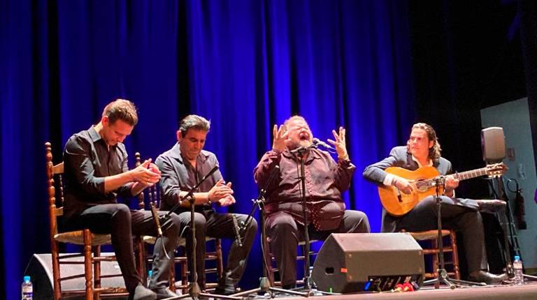 <i>Naim Real, Tate Nuñez, Ezequiel Benítez y Paco León en el Teatro Darymelia. / Francisco Gaitán / Diario JAÉN. </i>