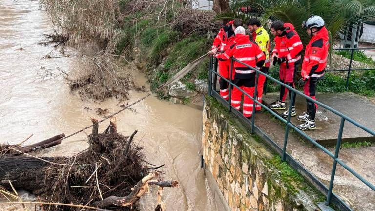 Bomberos retiran un tronco del cauce del río Jaén en Punete Jontoya.