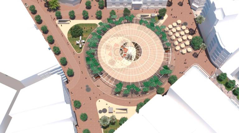 <i>Vista aérea recreada de la nueva Plaza de la Constitución, coronada en el centro por la fuente y el mosaico de la Catedral, que se respetará tal y como recoge el proyecto original, según confirma el Ayuntamiento a este periódico.</i>