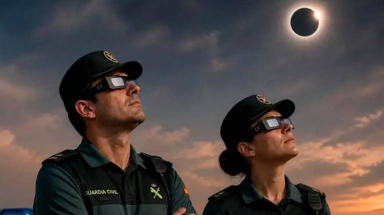 <i>Imagen generada por la Guardia Civil para prevenir sobre los riesgos del eclipse. / Guardia Civil.</i>