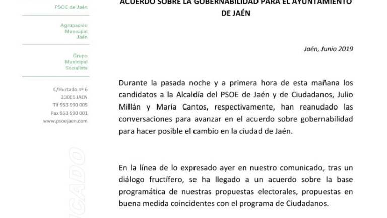 Acuerdo de gobierno en Jaén de Cs con el PSOE
