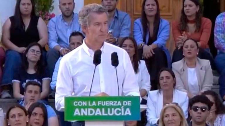 <i>Imagen de Feijóo en el desarrollo del mitin en Bailén. / Europa Press.</i>