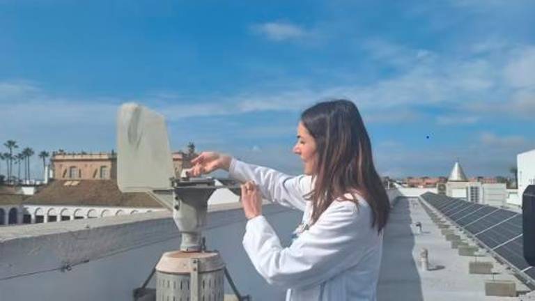 La alergóloga Pilar Lara en la estación medidora instalada en el Hospital Universitario Virgen Macarena de Sevilla. / Europa Press.