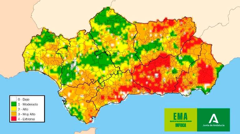 <i>Mapa índice de riesgo de incendios forestales en Andalucía. / Plan Infoca. </i>
