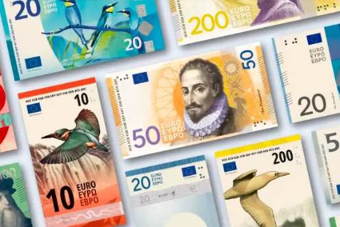 <i>Diferentes propuestas de billetes de los dos finalistas. / Banco Central Europeo. </i>