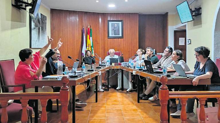 <i>Los dos ediles del PP levantan el brazo para votar contra la propuesta de presupuesto presentada por el Gobierno local villanovense / Foto: Jose Herreros.</i>