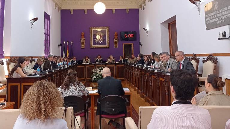 <i>Fotografía del salón de plenos del Ayuntamiento de Jaén ayer durante la celebración de la sesión ordinaria correspondiente al mes de abril. / Fran Miranda / Diario JAÉN.</i>