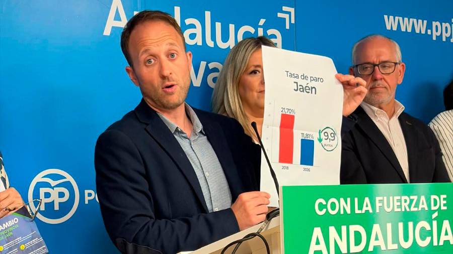 <i>Erik Domínguez compara los datos de paro entre los gobiernos del PP y el PSOE en la Junta de Andalucía. / F.J. Marín.</i>