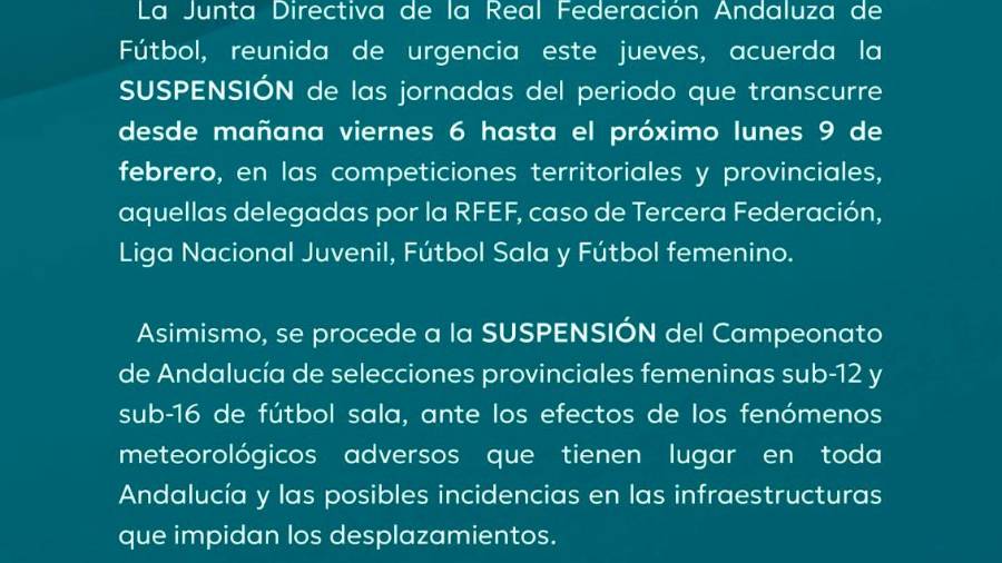 $!El fútbol provincial y andaluz suspende las competiciones por los efectos del temporal