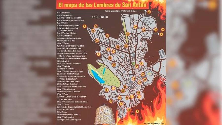 <i>El mapa de las lumbres de San Antón 2026, en una infografía de Miguel Ángel Vega.</i>