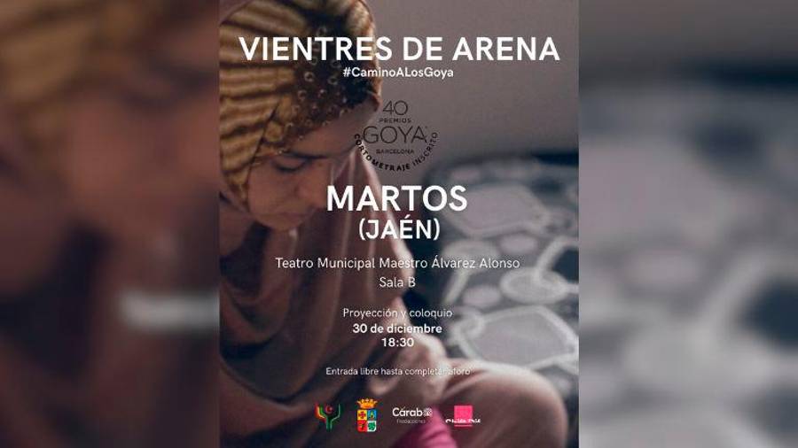 <i>Cartel del pase de “Vientres de arena” en el Teatro Municipal Maestro Álvarez Alonso, en Martos, el próximo 30 de diciembre a las 18:30 horas. </i>