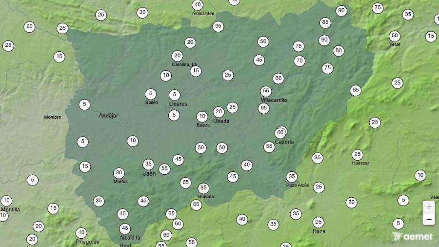<i>Porcentaje de probabilidad de nieve en la provincia de Jaén, entre las 06:00 y las 12:00 horas de este sábado. / Aemet.</i>