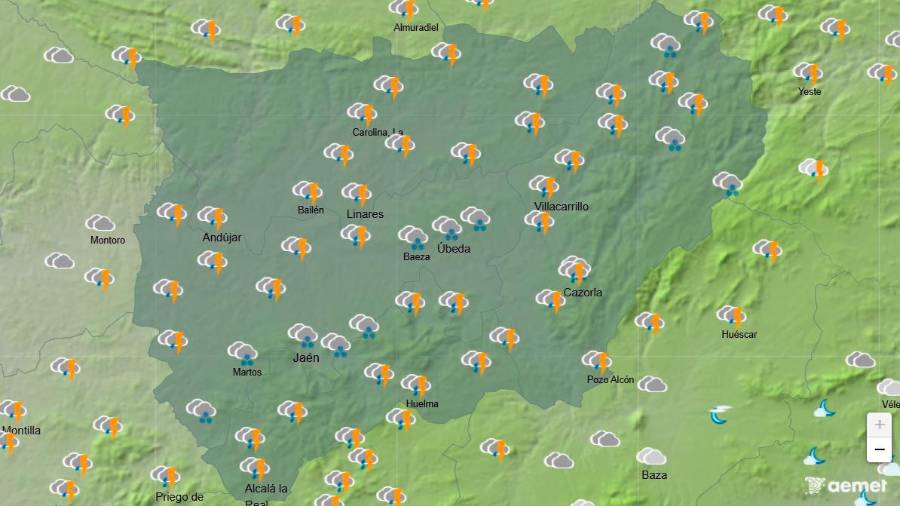 <i>Mapa meteorológico de la provincia de Jaén que refleja el estado del cielo, con predominancia de tormentas y nevadas, a las 18:00 horas de este viernes. / Aemet</i>