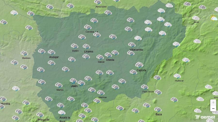 $!<i>Mapa que muestra el estado del cielo de la provincia de Jaén, cubierta con lluvias casi en su totalidad entre las 06:00 y las 12:00 horas. / Aemet.</i>