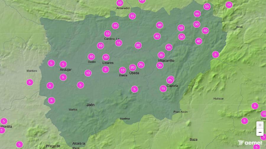 <i>Mapa meteorológico de la provincia de Jaén en el que se observa la inexistencia de probabilidad de lluvia sobre la capital, entre las 18:00 y las 00:00 horas. / Aemet.</i>