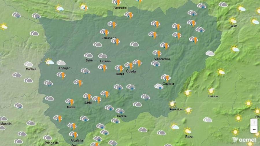 <i>Previsión del estado del cielo en la provincia de Jaén, a las 12:00 horas de este sábado. / Aemet.</i>