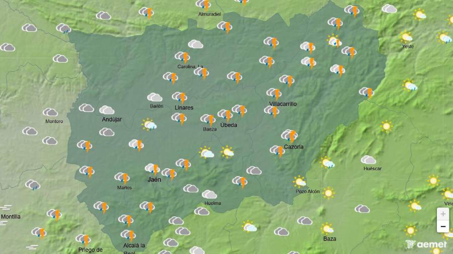 <i>Mapa meteorológico de la provincia de Jaén, con la mayor parte del cielo cubierto con posibilidad de tormentas. / Aemet.</i>