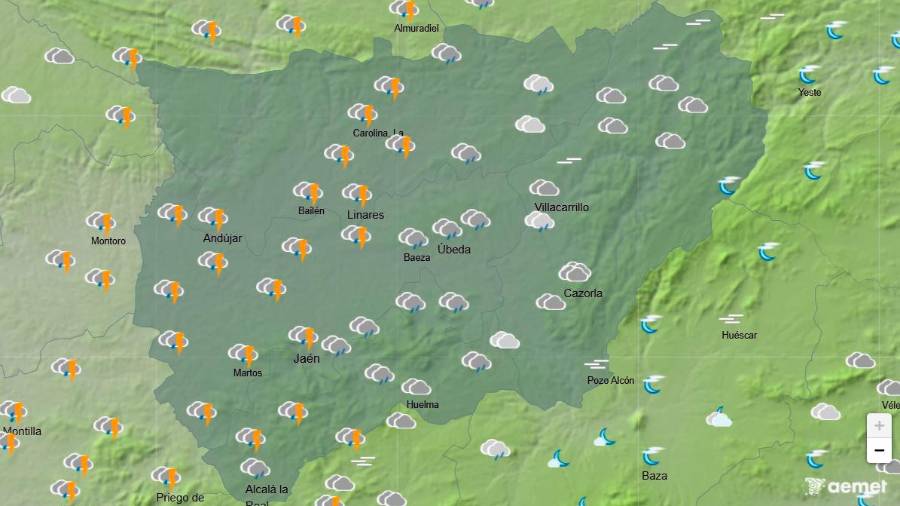 $!<i>Mapa meteorológico de la provincia de Jaén que muestra el estado del cielo a última hora de la jornada del viernes. / Aemet.</i>
