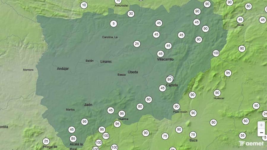 <i>Porcentaje de probabilidad de nieve en la provincia de Jaén, entre las 06:00 y las 12:00 horas de este domingo. / Aemet.</i>
