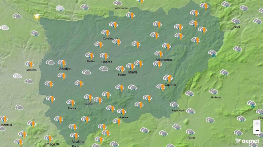 <i>Mapa del tiempo en la provincia de Jaén que refleja la presencia de tormentas en todo el territorio a las 14:00 horas de este domingo 21 de diciembre. / Aemet.</i>