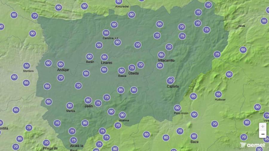 <i>Rachas máximas de viento que se pueden alcanzar el martes de 12:00 a 18:00 horas, según la Aemet. </i>