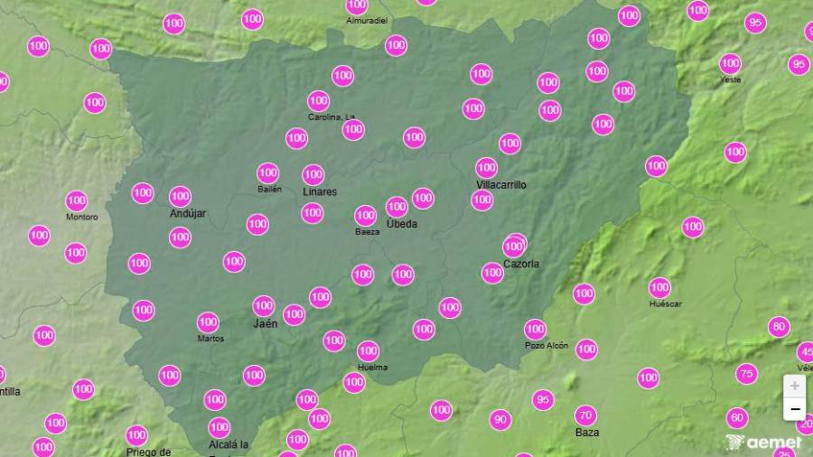 <i>Probabilidad de precipitaciones de la Aemet para este lunes, de 12:00 a 18:00 horas. </i>