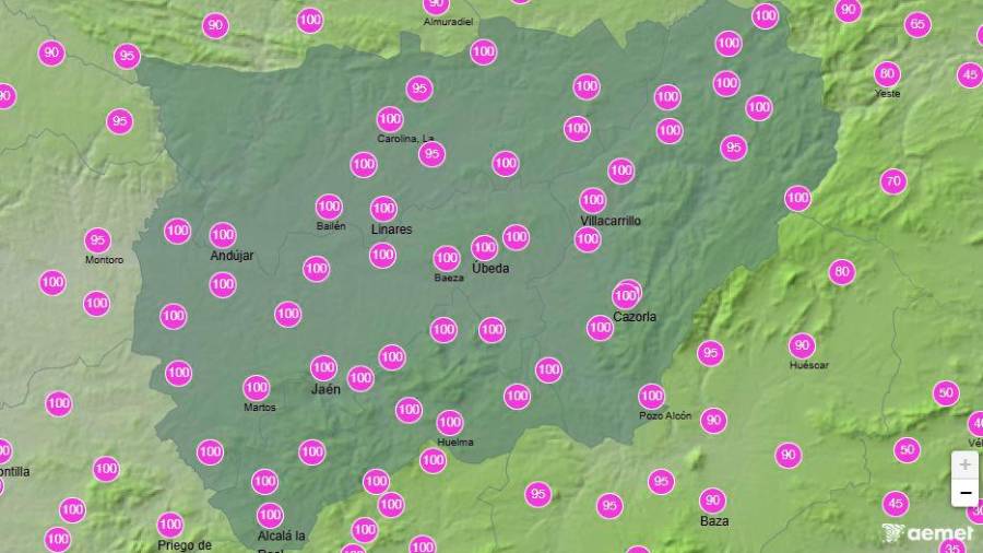 <i>Probabilidad de precipitaciones en la provincia, entre las 12:00 y las 18:00 horas de este domingo. / Aemet. </i>