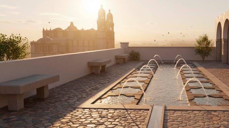 <i>Así recrea ReRender AI el diseño de Sergio Jiménez, con bancos, árboles y una fuente.</i>