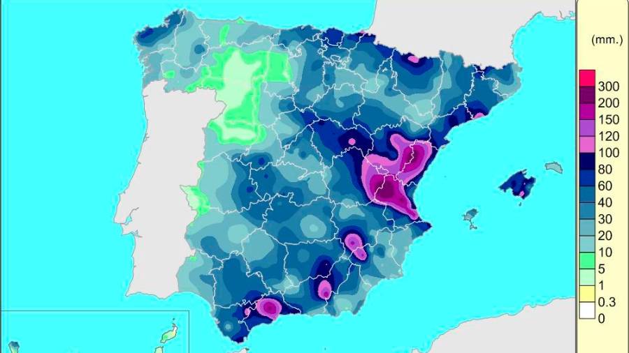 <i>Mapa de precipitaciones acumuladas en España desde el 23 al 29 de octubre. / Agencia Estatal de Meteorología. </i>