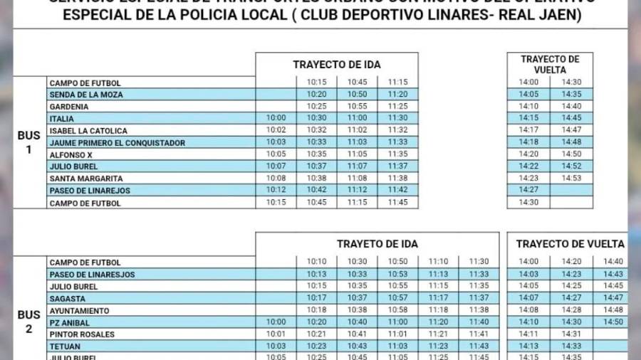 $!<i>Horarios de servicio especial de bus facilitados por el Ayuntamiento de Linares. </i>