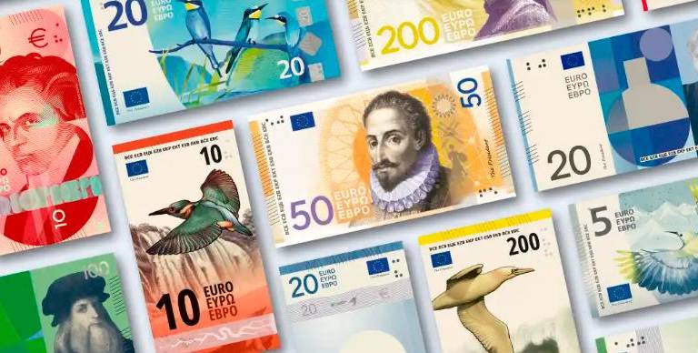 <i>Diferentes propuestas de billetes de los dos finalistas. / Banco Central Europeo. </i>