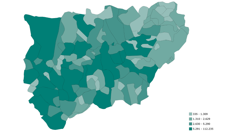 <i>Cifras Oficiales de Población de los Municipios Españoles: Revisión del Padrón de Municipios de Jaén, Total, 2025. / INE. </i>