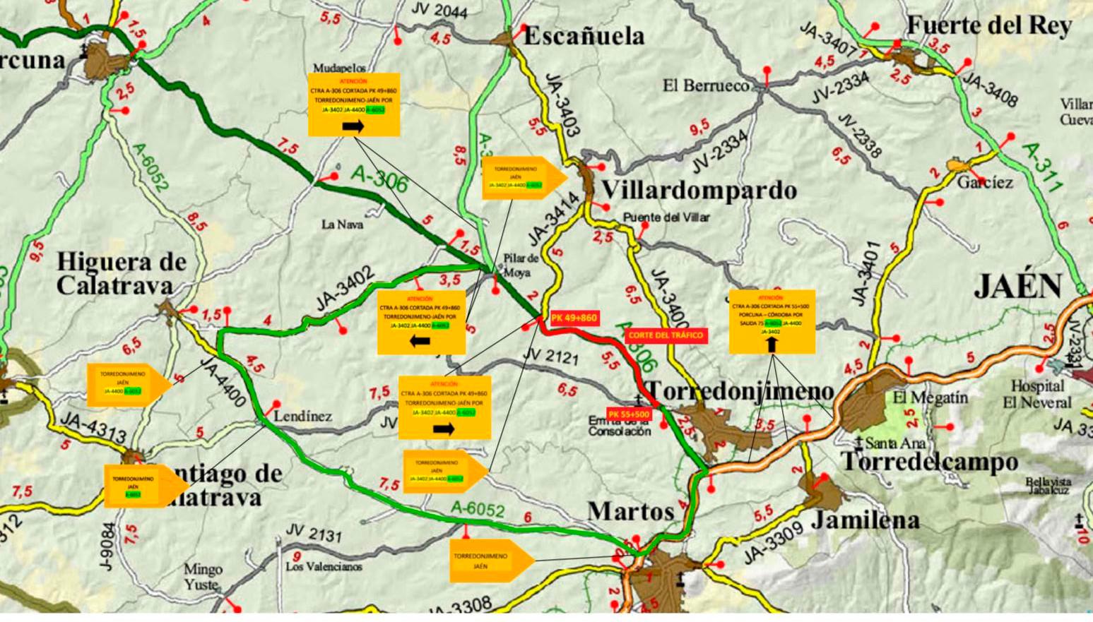 La A-306, por Torredonjimeno, estará cortada al tráfico desde el