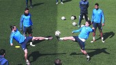 preparados. Bale y Kovacic pugnan por la pelota en un entrenamiento del Real Madrid. 