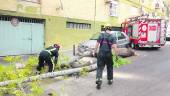peligro. Dos bomberos retiran dos ramas de grandes dimensiones caídas en la calle Puerta de Martos.