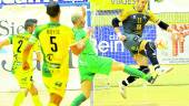 jugada. Didac despeja un balón en el partido ante el Magna Navarra en La Salobreja.