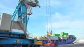 TRANSPORTE. Una grúa especializada carga un barco de mercancía en el puerto de Motril (Granada).