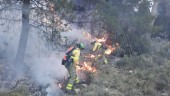 ESFUERZO. Bomberos forestales intervienen en el incendio declarado en el paraje Morrones de Santa María.